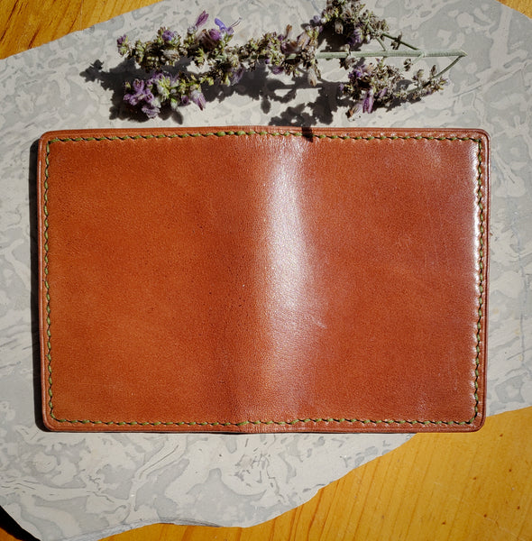 Wickett & Craig Leather in Brown and Navy with Moss Green Stitch Bifold *In stock