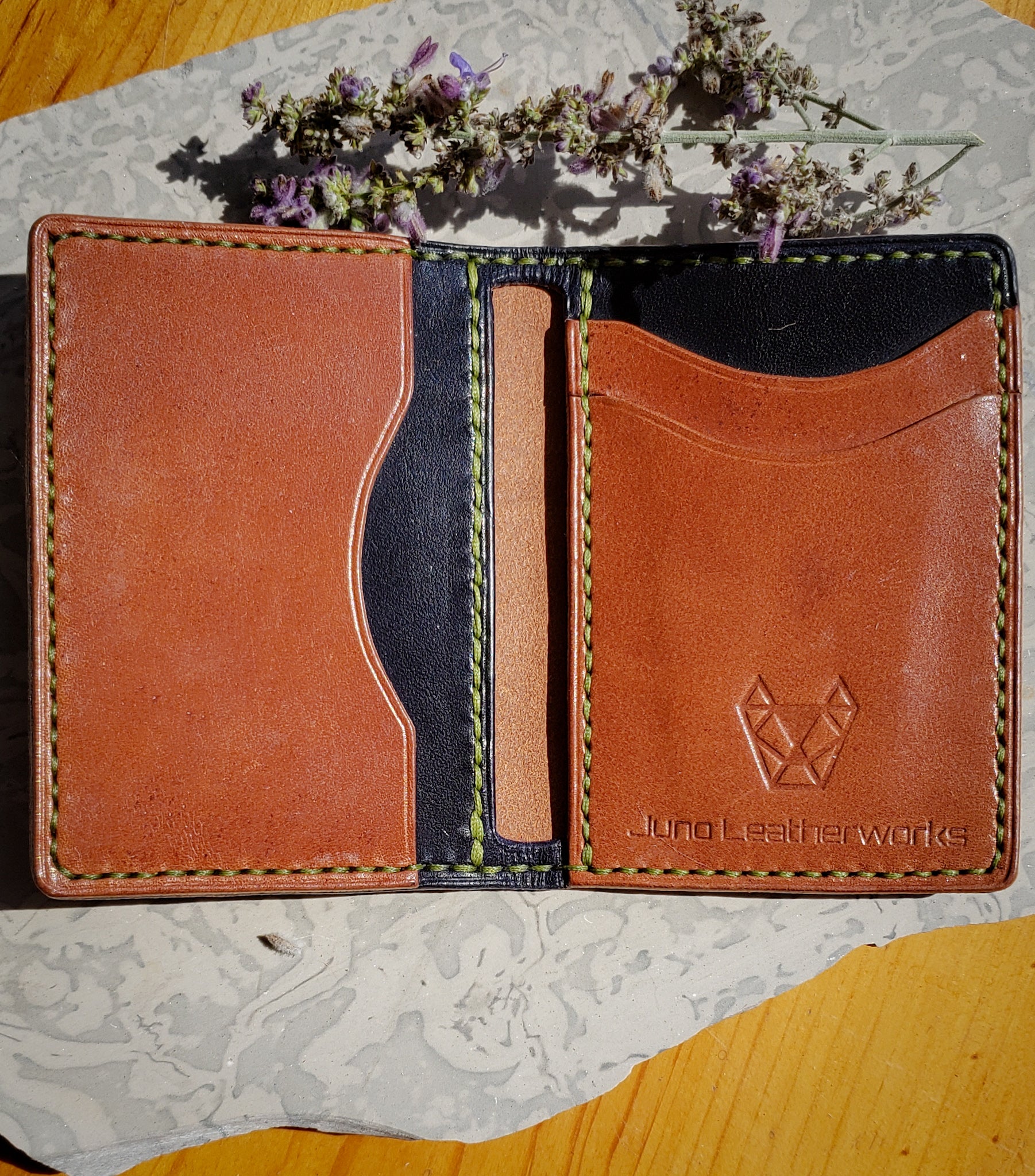 Wickett & Craig Leather in Brown and Navy with Moss Green Stitch Bifold *In stock