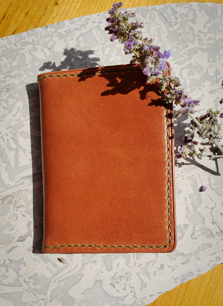 Wickett & Craig Leather in Brown and Navy with Moss Green Stitch Bifold *In stock